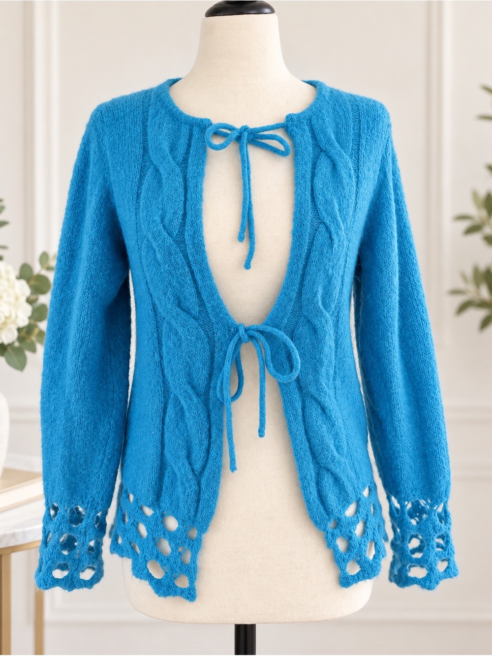 Benetton Rare Vintage Bright Blue Mohair Blend Tie-Front Cardigan L
